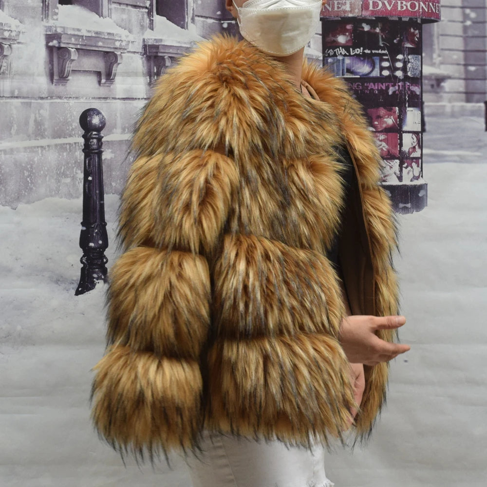 Short Faux Fur Coat with Thick Raccoon-Style Design Warm and Stylish