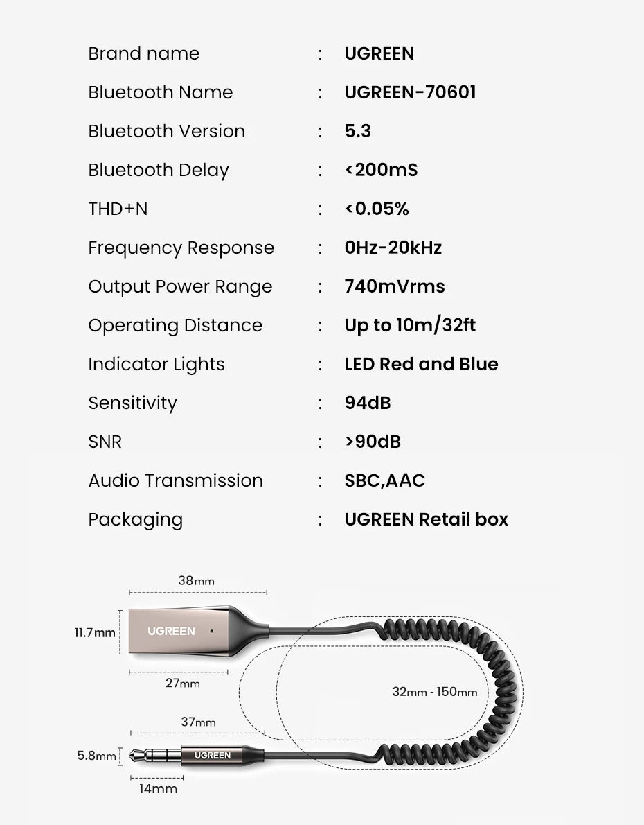 Bluetooth-mottagare 5.3-adapter Hands-free bilsatser AUX-ljud 3,5 mm uttag Musik trådlös mottagare för bil BT-sändare