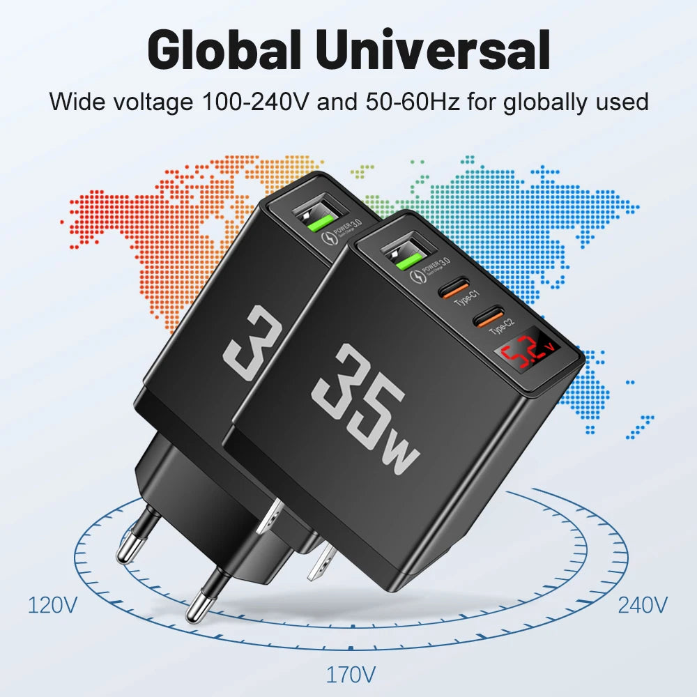 USB Type C Charger 35W Fast Charging Digital Display Phone Charger Adapter For iPhone Samsung Xiaomi Huawei USB PD Wall Charger