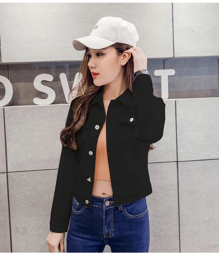 Short Denim Jacket with Long Sleeves in White, Black, or Blue