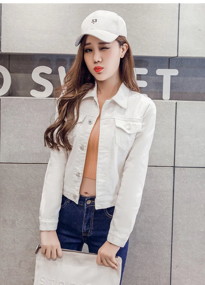 Short Denim Jacket with Long Sleeves in White, Black, or Blue