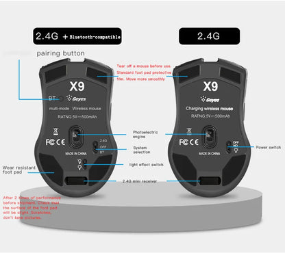 Uppladdningsbar datormus Dual Mode Bluetooth+2,4Ghz trådlös USB-mus 2400DPI Optisk spelmus Gamermöss för PC Laptop