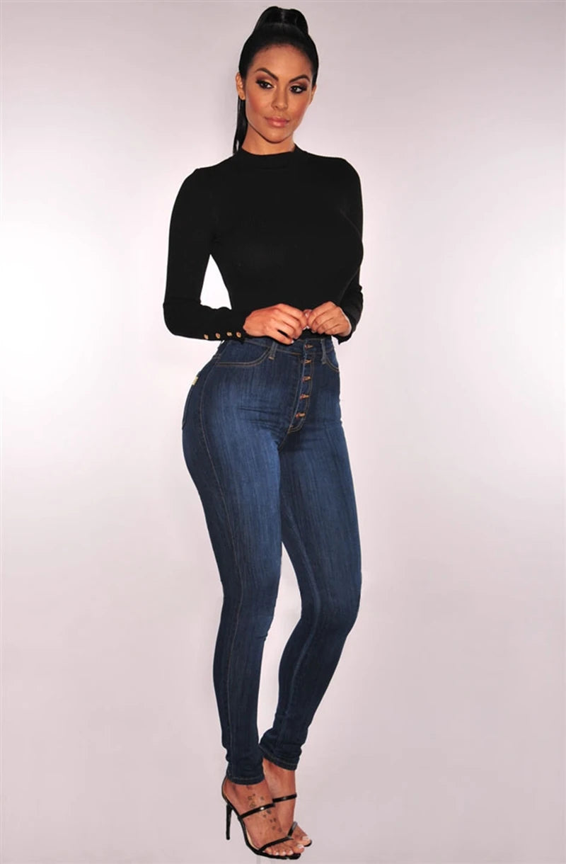 High Waist Push-Up Skinny Jeans with Stretch and Washed Denim