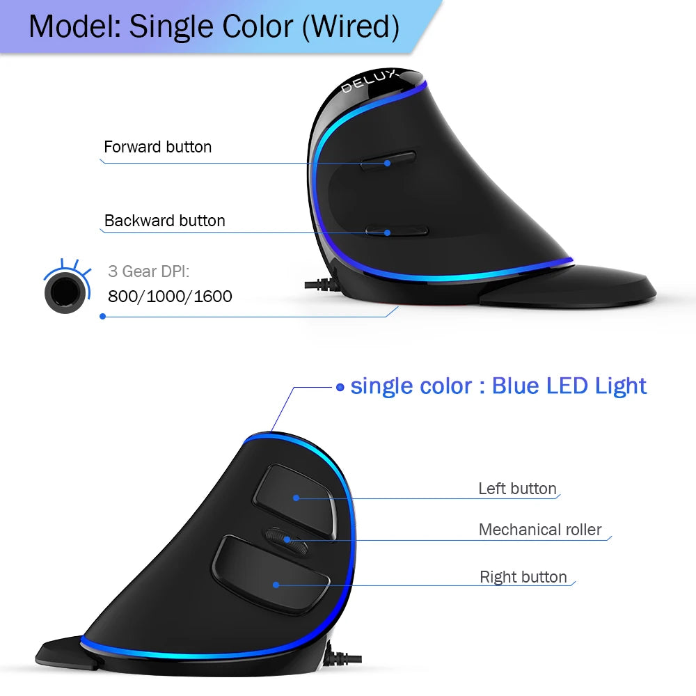 Delux M618 PLUS Ergonomics Vertical Gaming Mouse 6 knappar