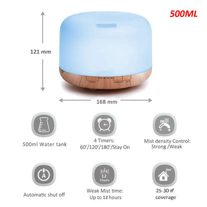 Air Humidifier & Essential Oil Diffuser – Ultrasonic Cool Mist Maker with LED Lamp, 300ML/500ML Capacity, Electric Aroma Diffuser