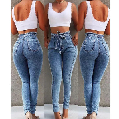 High Waist Skinny Jeans with Tassel Belt and Stretch Slim Fit