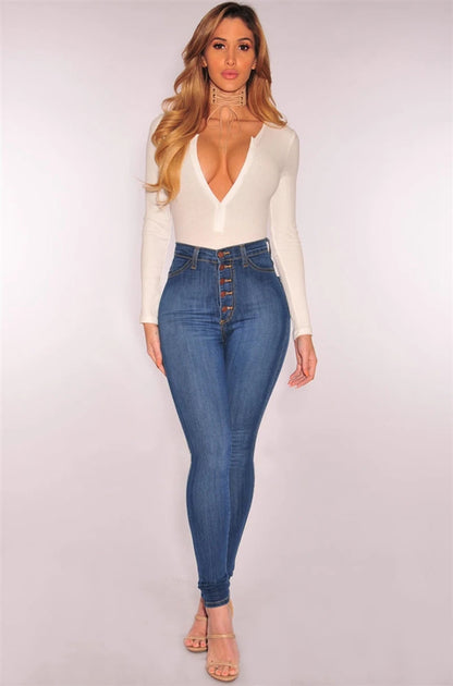 High Waist Push-Up Skinny Jeans with Stretch and Washed Denim