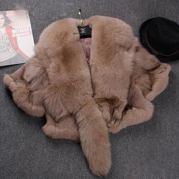 Short Fox Fur Coat with Slim Shawl Design