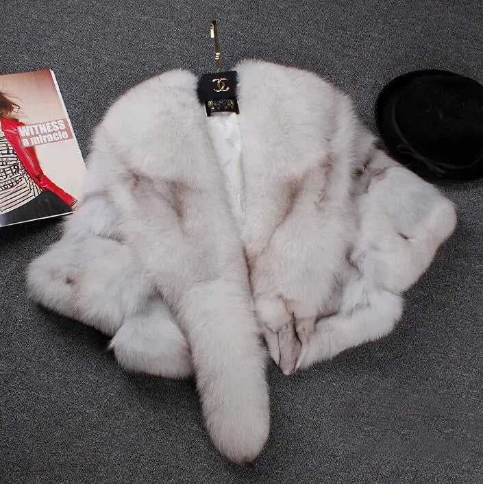 Short Fox Fur Coat with Slim Shawl Design