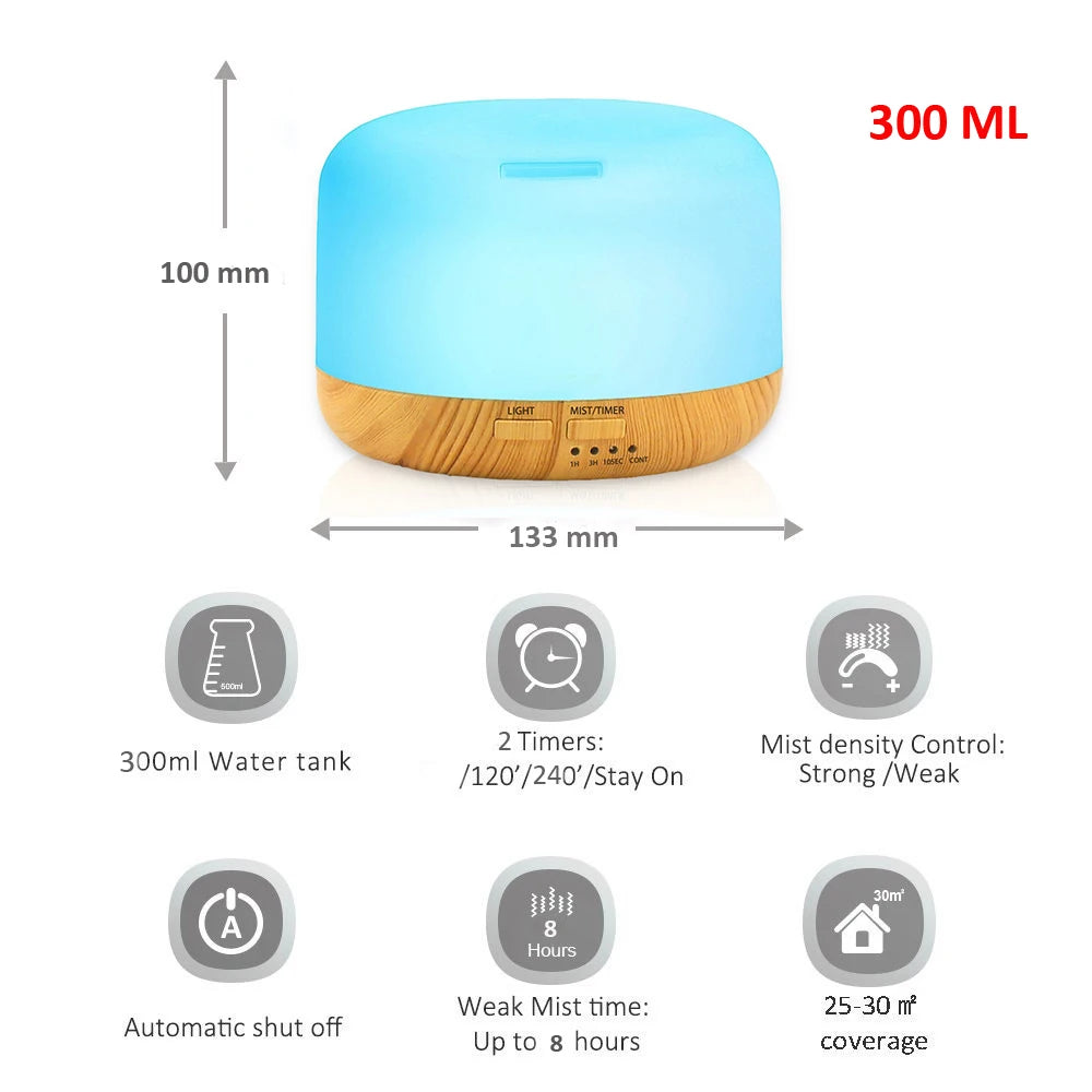 Air Humidifier & Essential Oil Diffuser – Ultrasonic Cool Mist Maker with LED Lamp, 300ML/500ML Capacity, Electric Aroma Diffuser