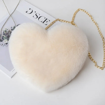 Heart Shaped Handbag: Cute Faux Fur Crossbody, Soft Plush Chain Shoulder Shopper