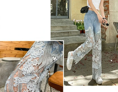 Pants for Woman and Capris Straight Leg with Rhinestones Transparent Women's Jeans Lace Grunge Y2k Spring Pant Vintage Trousers