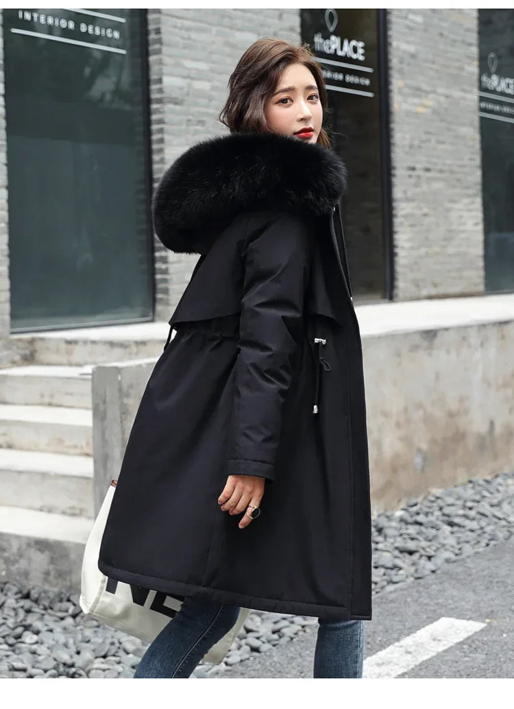 Long Hooded Parka with Wool Liner and Fur Collar Thick and Warm