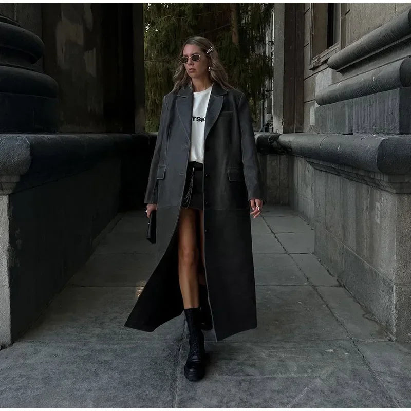 Women's Grey Leather Long Coat with Turndown Collar