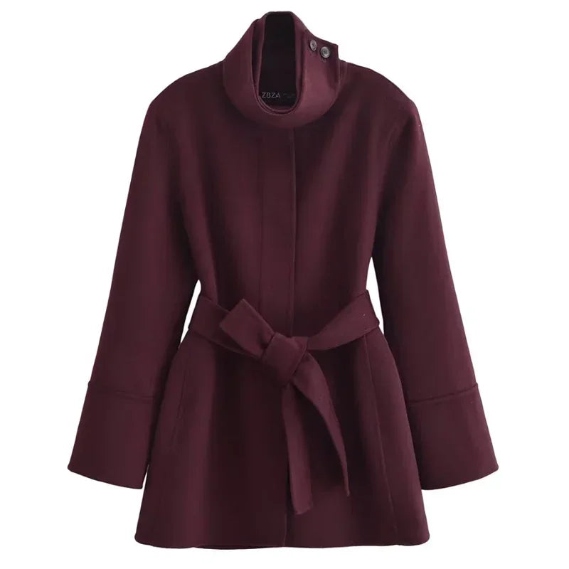 Women's Burgundy Tweed Coat with Belt and Long Sleeves