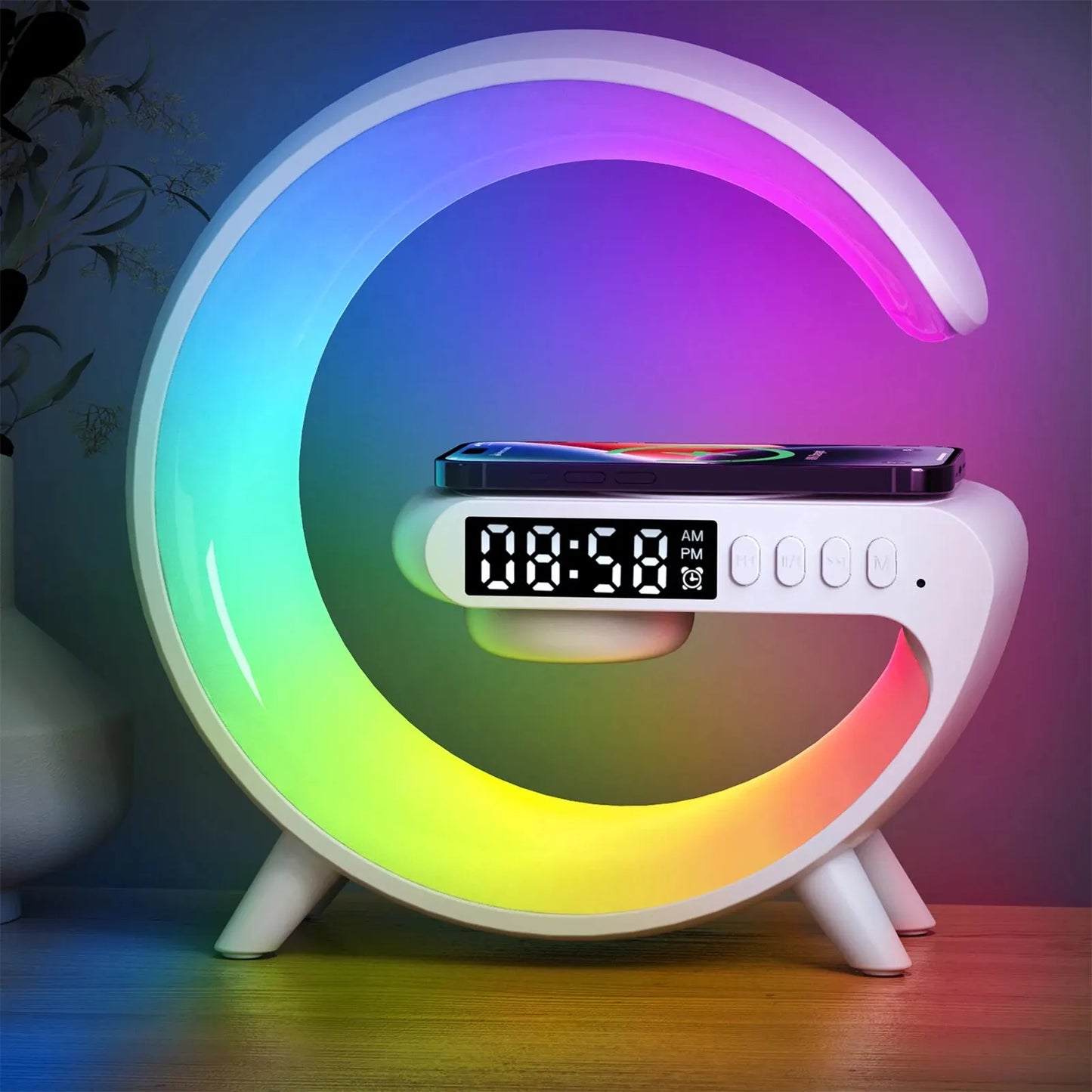 LED Smart Wake-Up Light med RGB nattlampa – trådlös högtalare, 15 W uppladdningsbar skrivbordslampa för sovrum, säng och spelrum