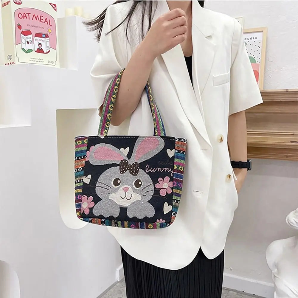 Fashion Women's Canvas Handbag - Animal Ethnic Style Embroidered Tote Bag with Elephant, Peacock, and Rabbit Designs