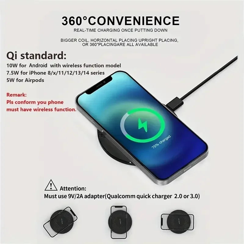 Wireless Charger Pad Stand Desktop Ultra-thin Mobile Phone Fast Charging Dock Station For iPhone 15 14 13 12 11 Samsung Xiaomi