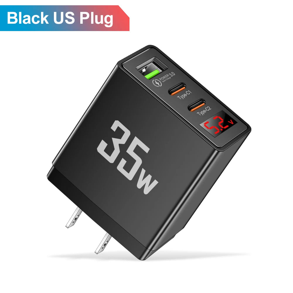 USB Type C Charger 35W Fast Charging Digital Display Phone Charger Adapter For iPhone Samsung Xiaomi Huawei USB PD Wall Charger