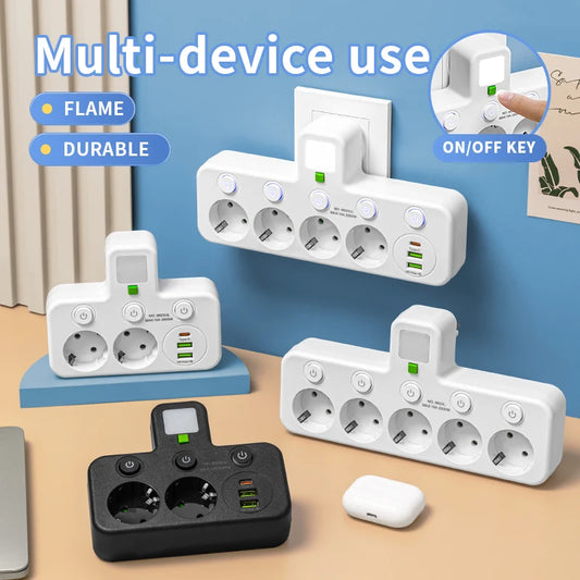 EU-kontaktuttag 4 uttag Multitap Wall Power Strip Eluttag Ingen förlängningssladd med 2 USB 1 Type-C-portar 2500W MAX Power