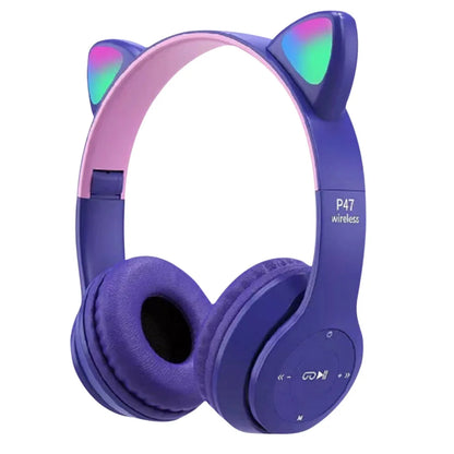 Cute Cat Ear Headphones with RGB LED Light Wireless Headset Kids Girls Stereo Phone Music Bluetooth Headset PC Gamer Gift