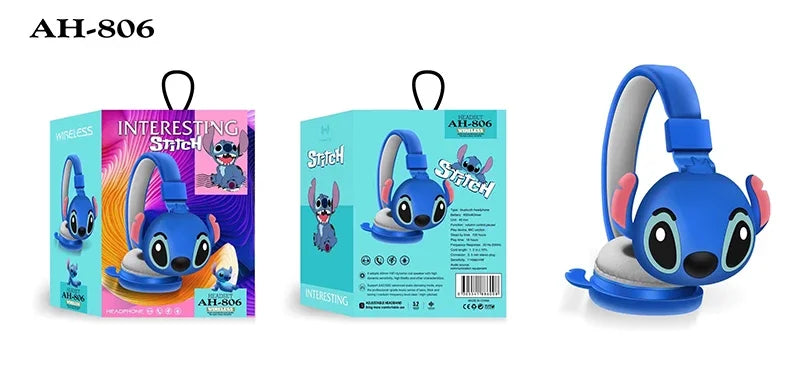 New Disney Stitch Wireless Bluetooth Headphones AH-806 HIFI Stereo Sound Foldable Headsets with Mic Anime Cartoon Children Gift