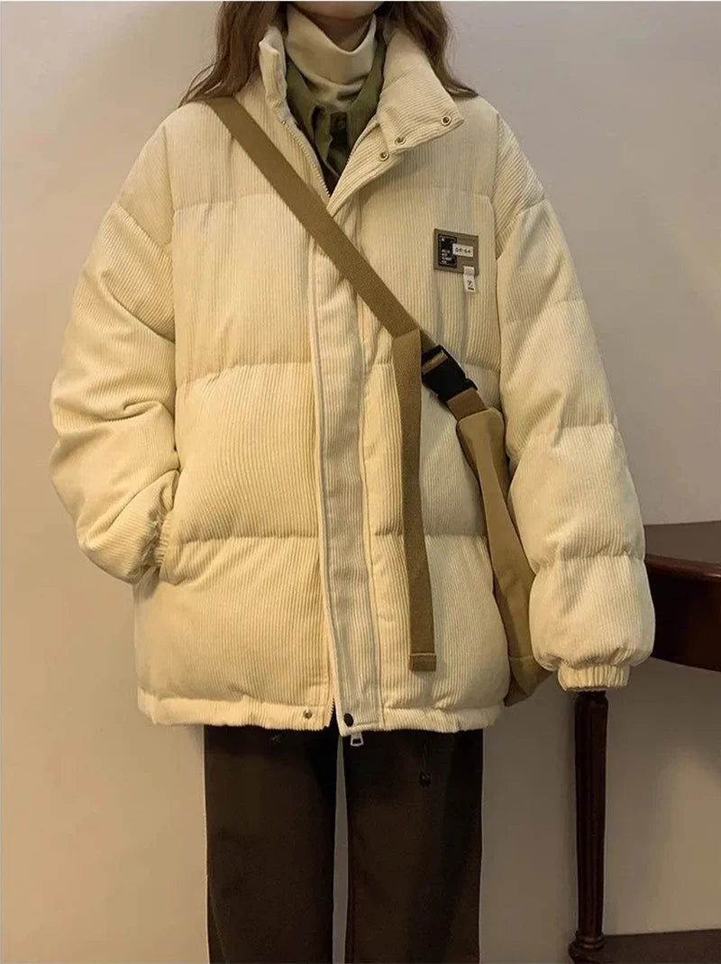 Överdimensionerad Corduroy Puffer Coat med fickor Varm och Retro Y2K Style