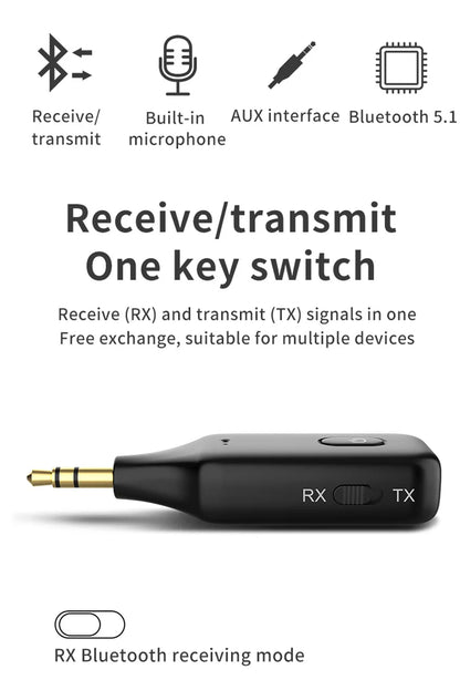 2 IN 1 Bluetooth 5.1 Mottagare Sändare 3,5 mm 3,5 AUX-uttag Handsfree samtal Trådlös ljudadapter för bilsats PC TV-hörlurar