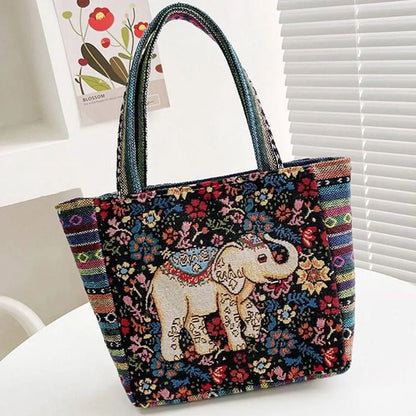 Fashion Women's Canvas Handbag - Animal Ethnic Style Embroidered Tote Bag with Elephant, Peacock, and Rabbit Designs