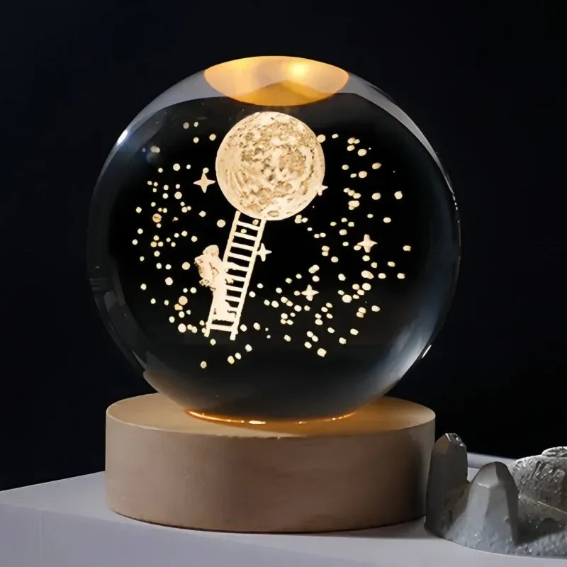 Luminous 3D Crystal Ball LED Night Light – Saturn Solar System & Moon Design, USB Bedroom Lamp, Atmosphere Light for Kids' Birthday Gift