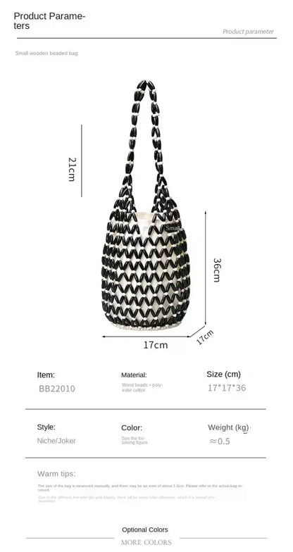 High Fashion Hollow-out Wooden Bead Woven Tote Bag / Female Shoulder Bag Reticulate Netted Canvas Handbag