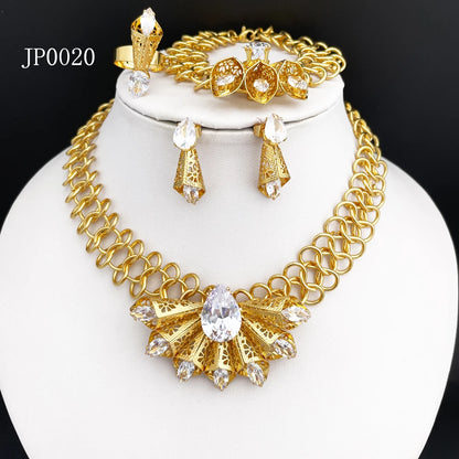 Vintage Women Jewelry Set Luxury Crystal Zircon 18K Gold Plated Necklace Earrings Ring Bracelet Set Jewelry For Wedding Party