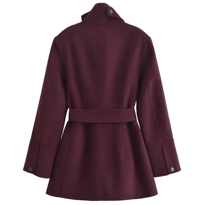 Women's Burgundy Tweed Coat with Belt and Long Sleeves