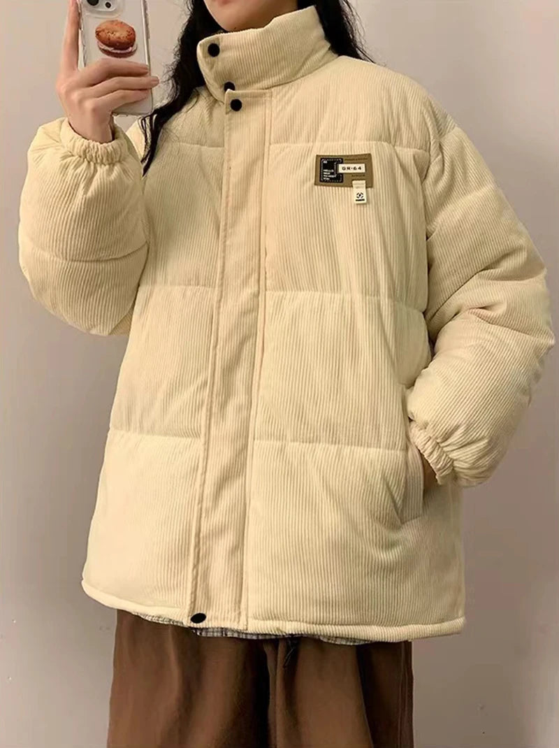 Överdimensionerad Corduroy Puffer Coat med fickor Varm och Retro Y2K Style