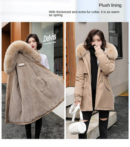 Hooded Long Parka with Wool Liner and Fur Collar Slim and Warm