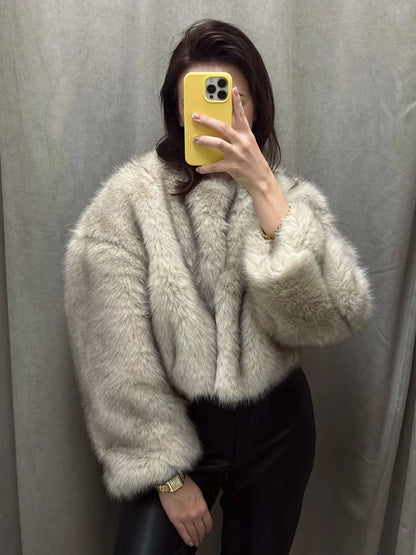 Gradient Cropped Faux Fur Jacka Snygg och fluffig