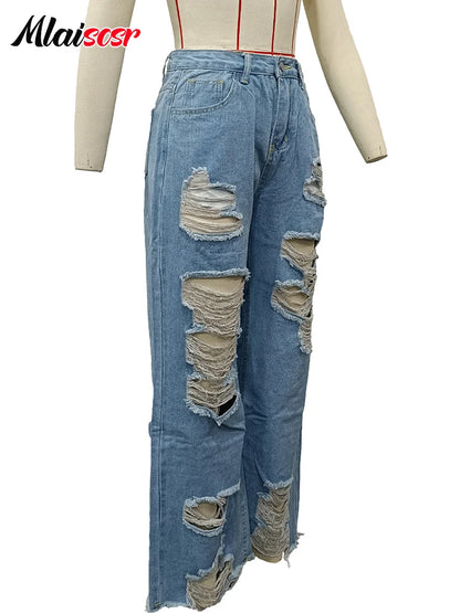 Mlaiscsr Sexy Hole Ripped Straight Jeans Women Button Pocket Loose Blue Denim Wide Leg Pants Trousers Streetwear Birthda Bottoms