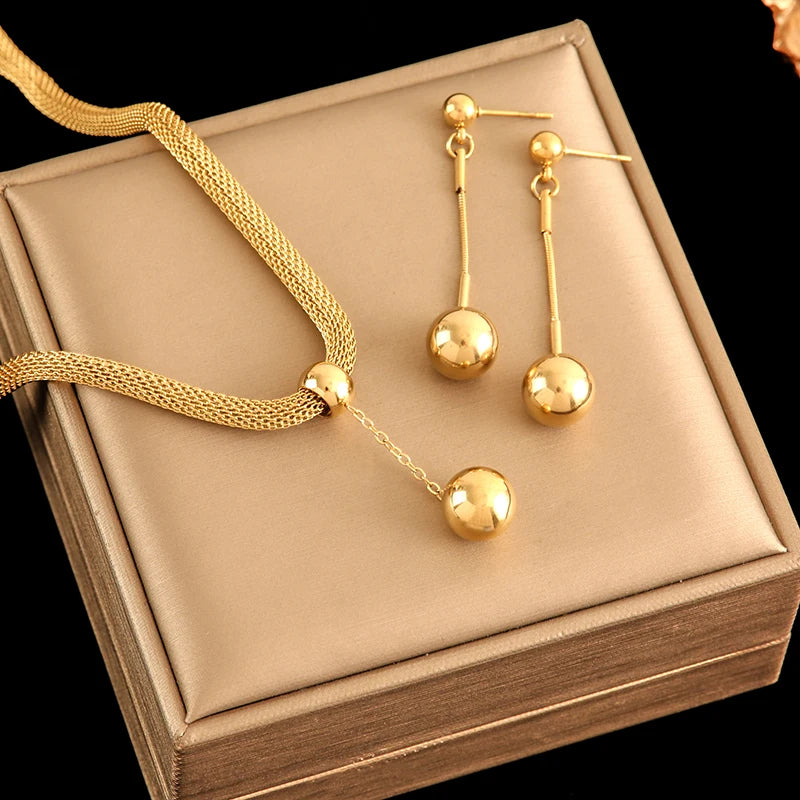 EILIECK 316L Stainless Steel 18K Gold Plated Bead Pendant Necklace Earrings Jewelry Set For Women Waterproof Fashion Jewelry