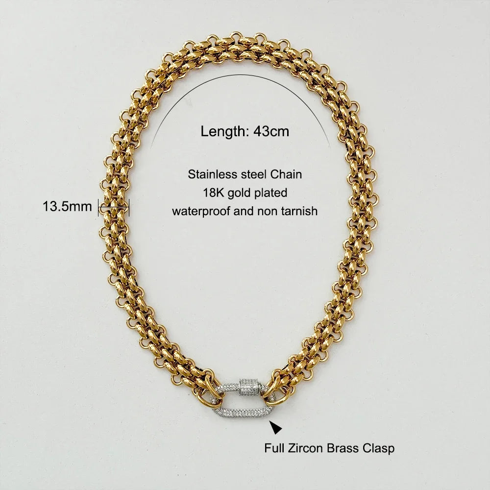 18K Gold Plated Stainless Steel Necklace for Women, Waterproof Three Layer Braided Chain, Zircon Clasp, Fashion Jewelry