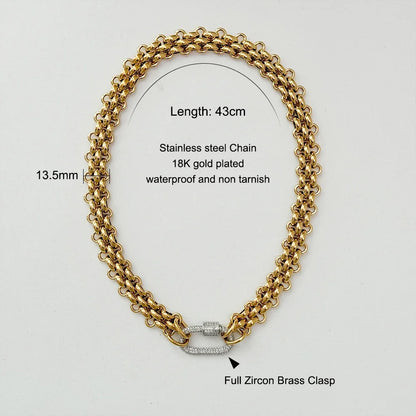 18K Gold Plated Stainless Steel Necklace for Women, Waterproof Three Layer Braided Chain, Zircon Clasp, Fashion Jewelry