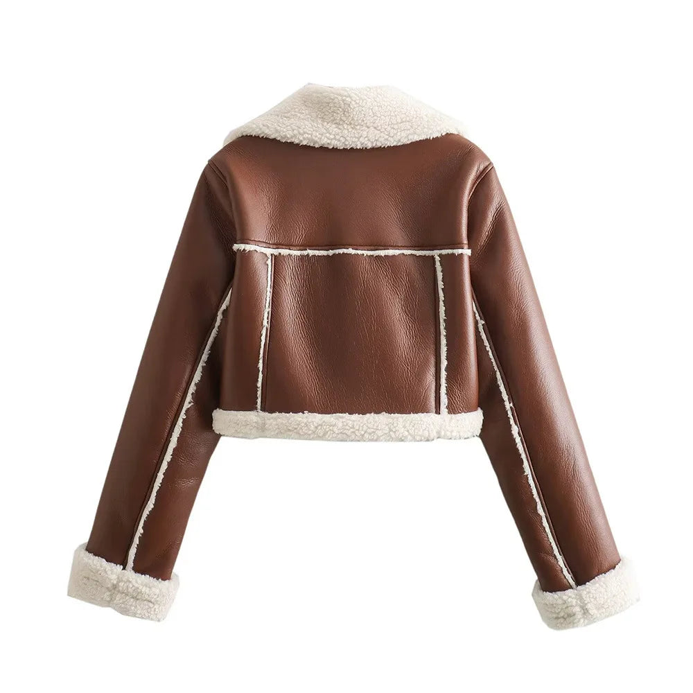 Double-Sided Cropped Leather Jacket with Zipper Loose Fit and Stylish