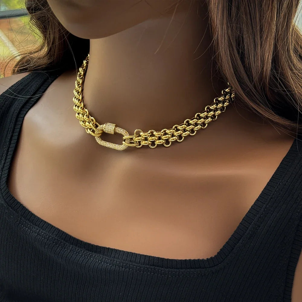 18K Gold Plated Stainless Steel Necklace for Women, Waterproof Three Layer Braided Chain, Zircon Clasp, Fashion Jewelry