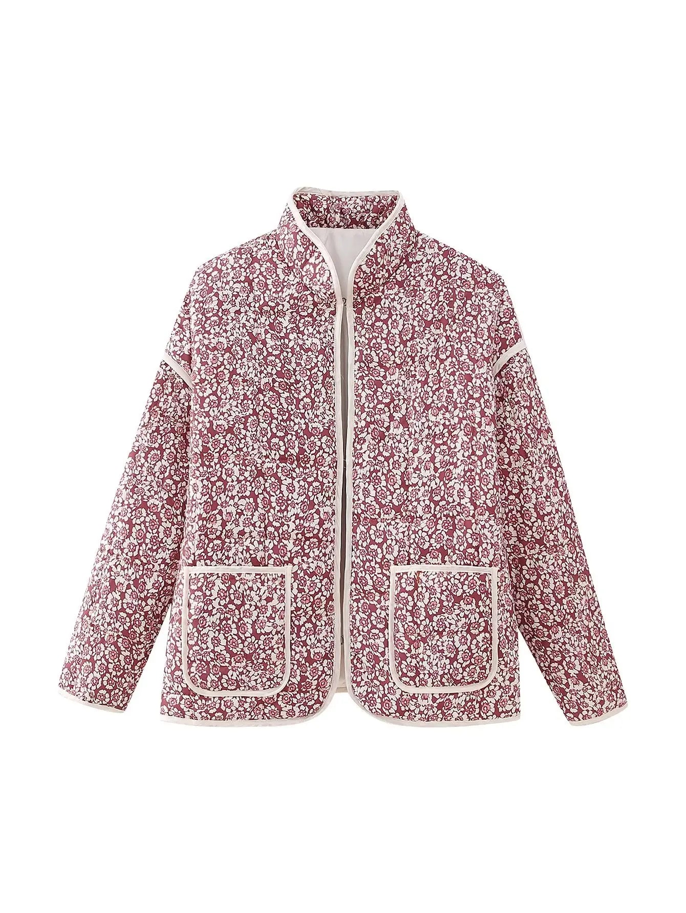 Floral Print Quilted Jacket with Stand Collar and Pockets Chic and Warm