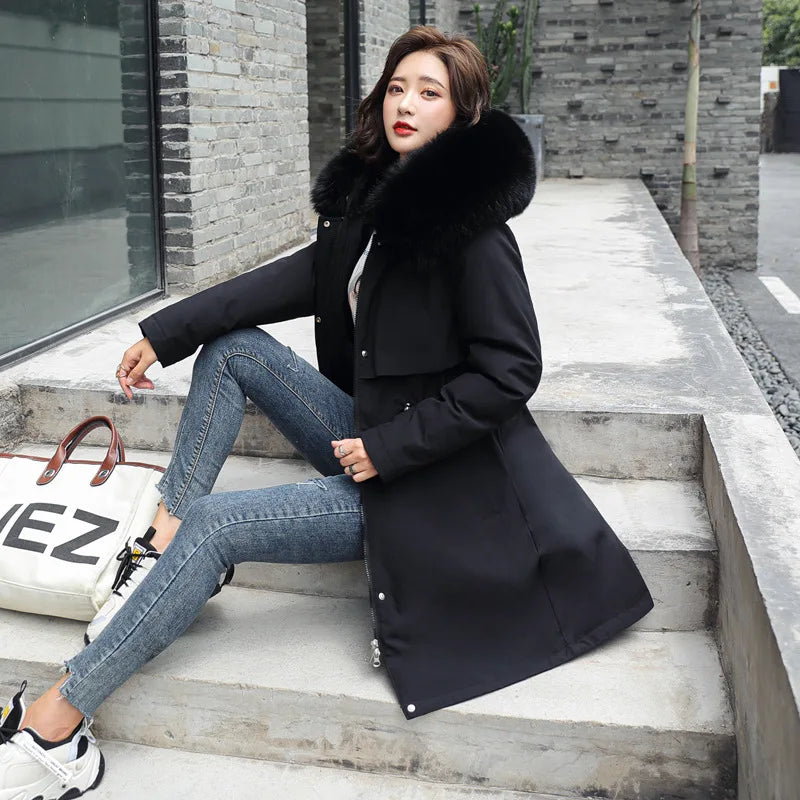 Long Hooded Parka with Wool Liner and Fur Collar Thick and Warm