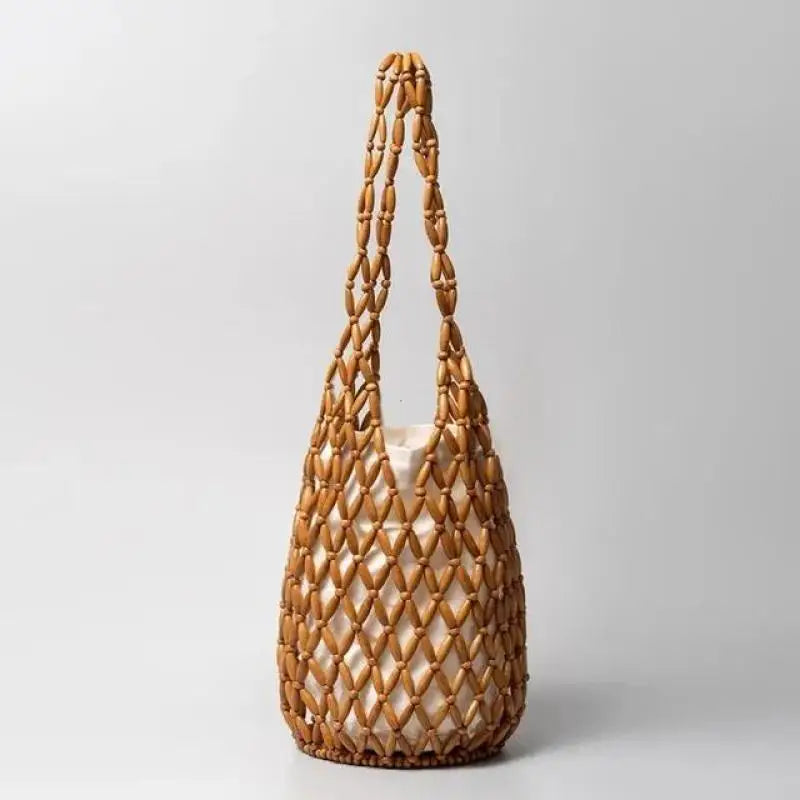 High Fashion Hollow-out Wooden Bead Woven Tote Bag / Female Shoulder Bag Reticulate Netted Canvas Handbag