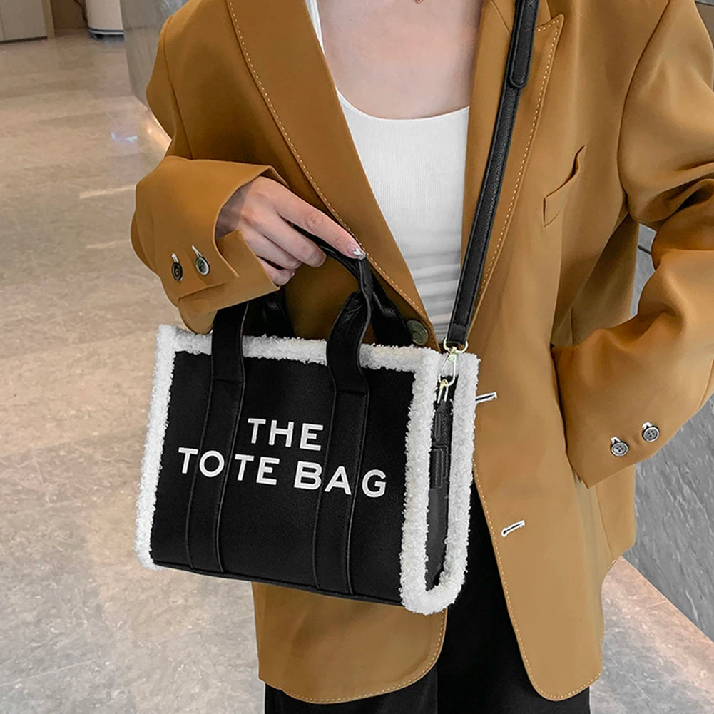 Winter Soft Lamb Wool Stitching Top-Handle Bags PU Leather Fashion Small Crossbody Bags Letter Print Ladies Square The Tote Bags