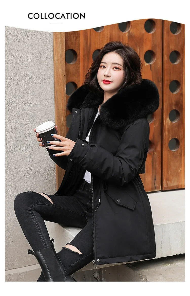 Hooded Long Parka with Wool Liner and Fur Collar Slim and Warm