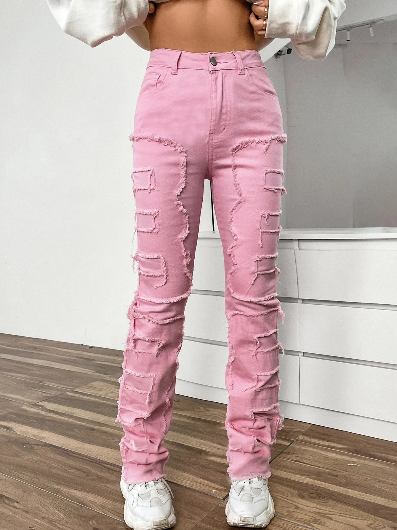 XURU-jeans med elastisk patch för kvinnor, slitstarka, raka ben, europeisk och amerikansk klädsel, K16-CK3018, ny