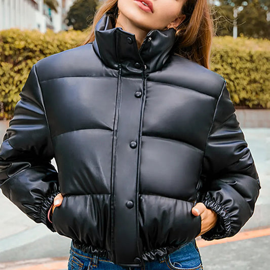 Women's Black PU Leather Cropped Puffer Jacket with Zipper