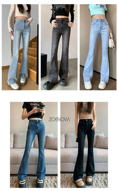 ZOENOVA Harajuku Street Casual Simple Solid Color Women's Jeans 2024 New Fashion Lady High Waist Slim VersatileMicro Flare Pants